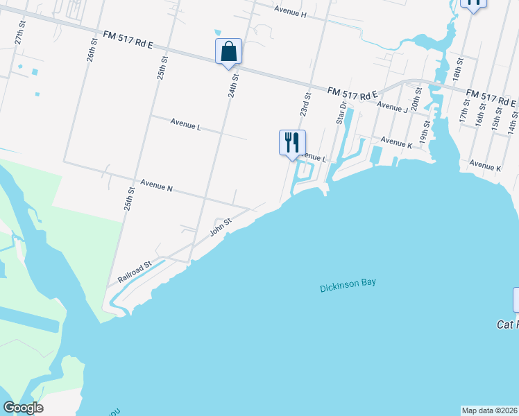 map of restaurants, bars, coffee shops, grocery stores, and more near 1403 John Street in San Leon
