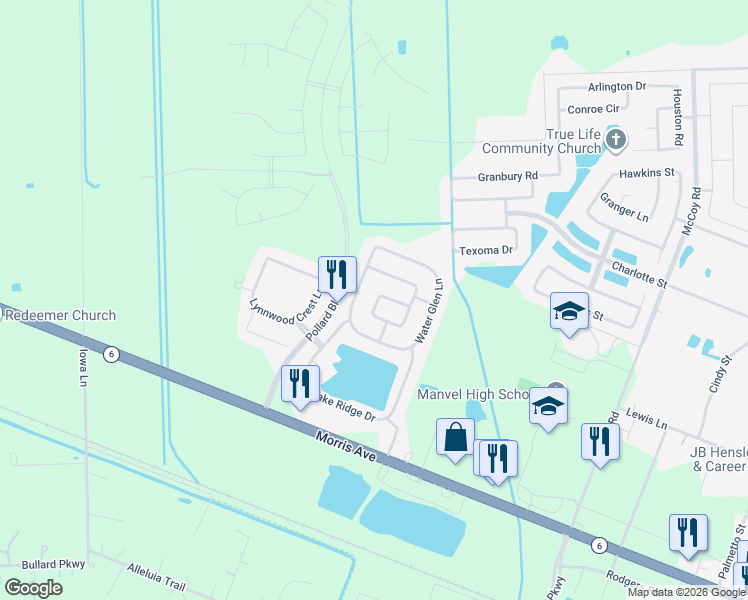 map of restaurants, bars, coffee shops, grocery stores, and more near 19111 Shoreside Terrace Drive in Manvel