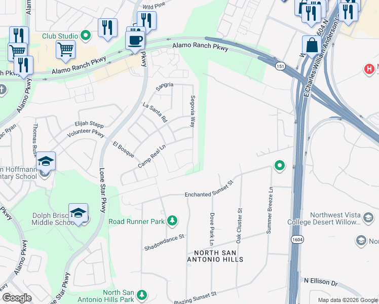 map of restaurants, bars, coffee shops, grocery stores, and more near 4602 Segovia Way in San Antonio
