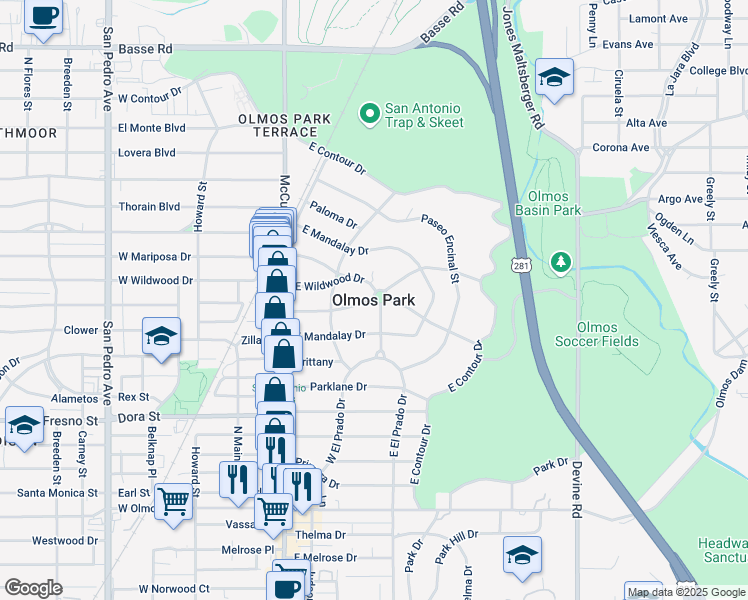 map of restaurants, bars, coffee shops, grocery stores, and more near in Olmos Park