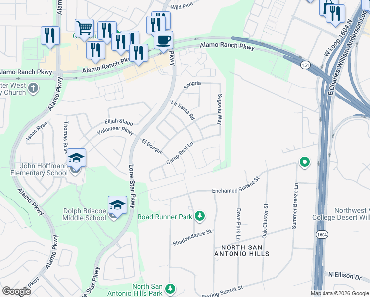 map of restaurants, bars, coffee shops, grocery stores, and more near 11515 Camp Real Lane in San Antonio