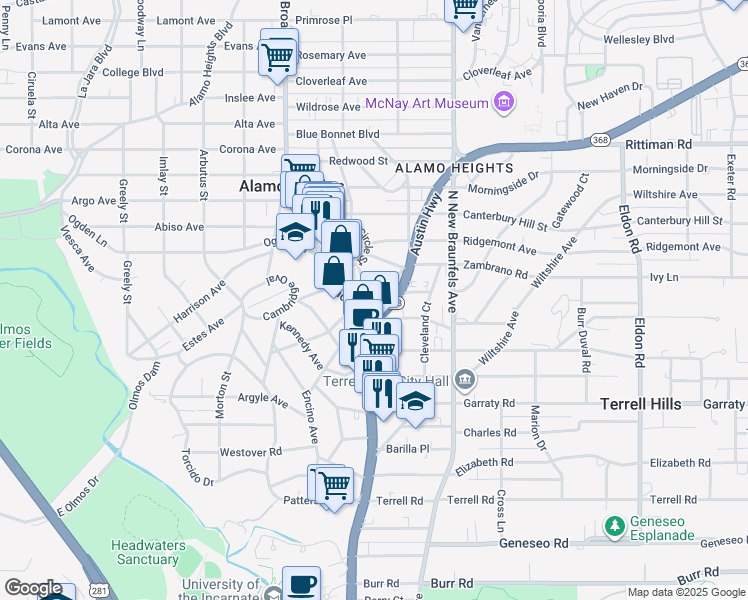map of restaurants, bars, coffee shops, grocery stores, and more near 5500 Broadway in Alamo Heights