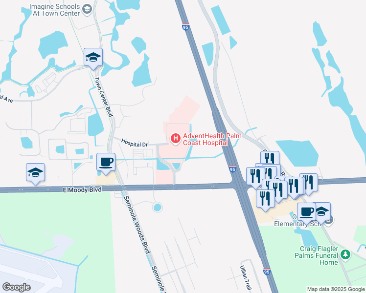 map of restaurants, bars, coffee shops, grocery stores, and more near 60 Memorial Medical Parkway in Palm Coast