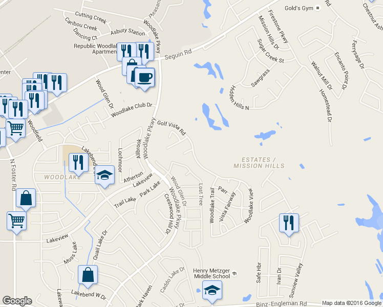 map of restaurants, bars, coffee shops, grocery stores, and more near 7303 Alcazar Gate in San Antonio