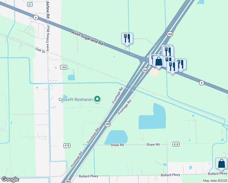 map of restaurants, bars, coffee shops, grocery stores, and more near Frontage Road in Manvel