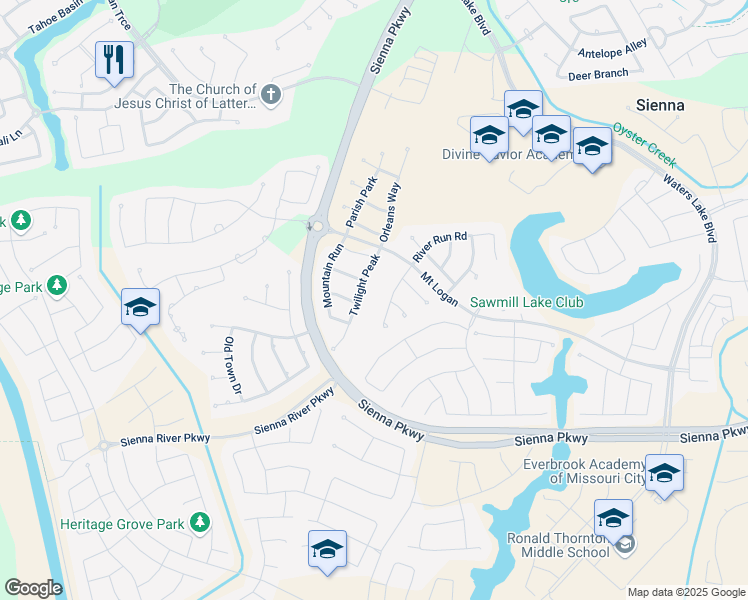 map of restaurants, bars, coffee shops, grocery stores, and more near 2406 Twilight Peak in Missouri City