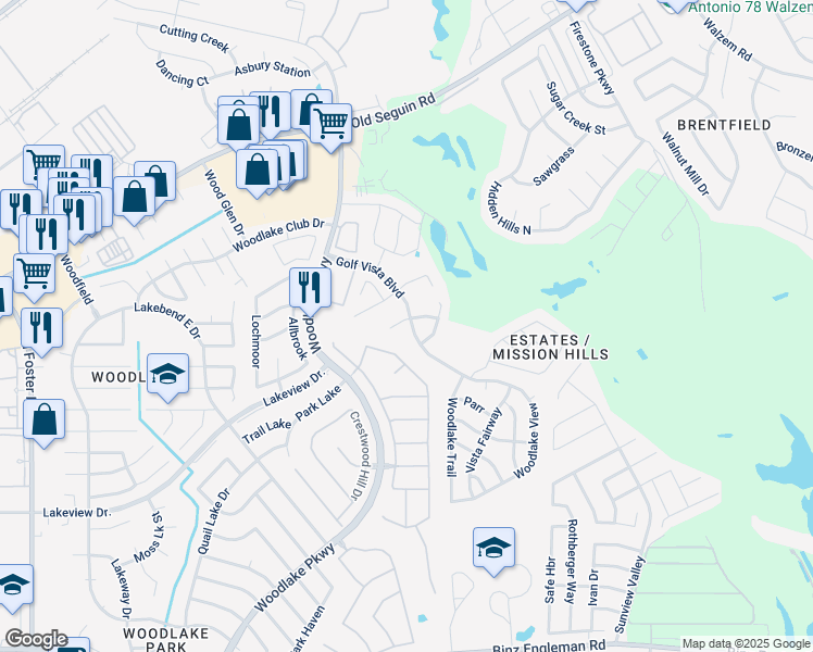 map of restaurants, bars, coffee shops, grocery stores, and more near 7303 Alcazar Gate in San Antonio