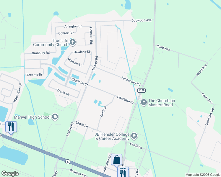 map of restaurants, bars, coffee shops, grocery stores, and more near 7018 Tankersley Road in Manvel
