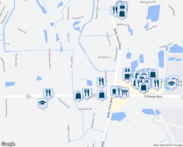 map of restaurants, bars, coffee shops, grocery stores, and more near 23 Eastwood Drive in Palm Coast