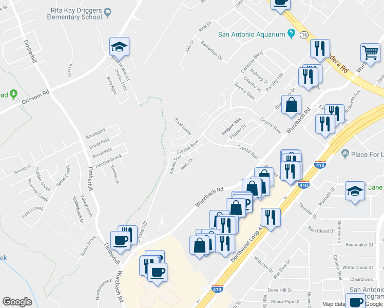 map of restaurants, bars, coffee shops, grocery stores, and more near 4823 Adkins Trail in San Antonio