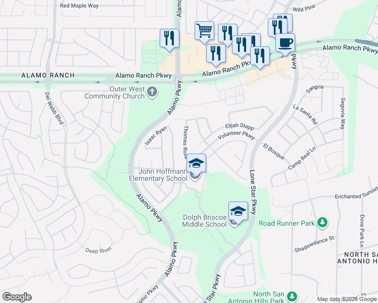 map of restaurants, bars, coffee shops, grocery stores, and more near 4642 Thomas Rusk in San Antonio