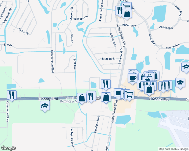 map of restaurants, bars, coffee shops, grocery stores, and more near 4600 East Moody Boulevard in Bunnell
