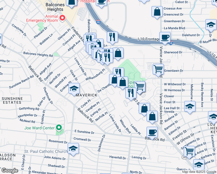map of restaurants, bars, coffee shops, grocery stores, and more near 135 De Chantle Road in San Antonio