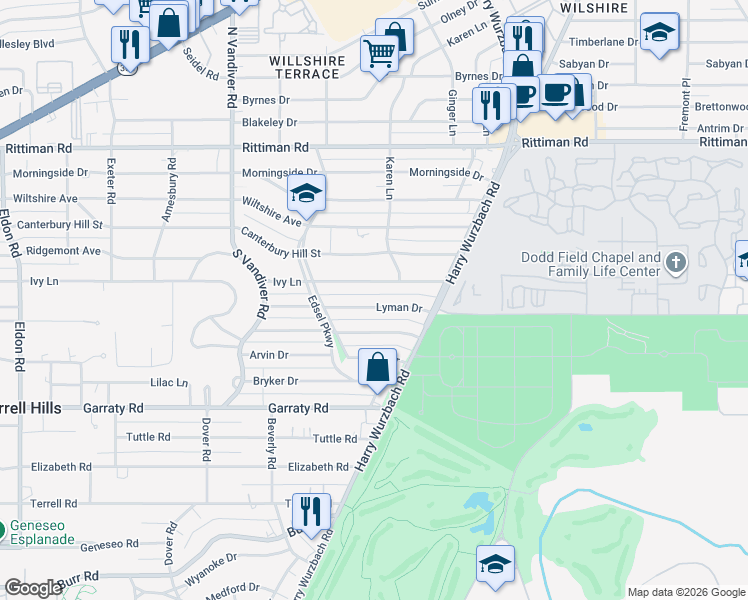 map of restaurants, bars, coffee shops, grocery stores, and more near 1040 Ivy Lane in San Antonio