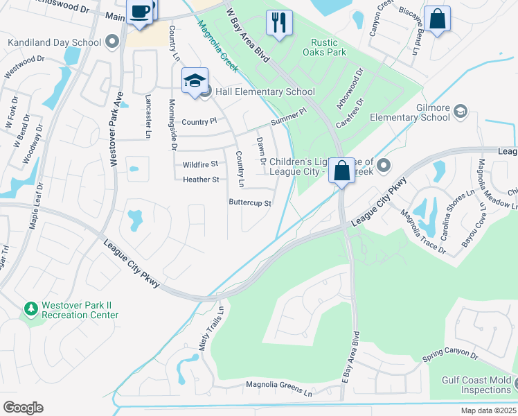 map of restaurants, bars, coffee shops, grocery stores, and more near 5605 Buttercup Street in League City