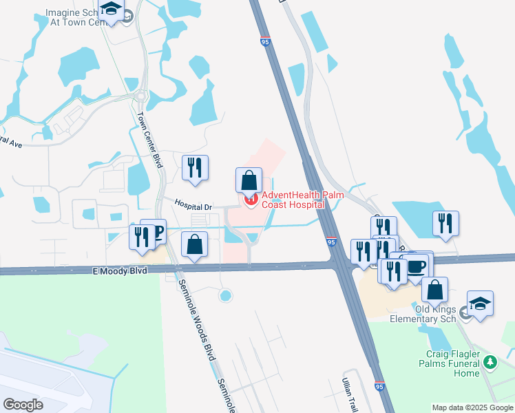 map of restaurants, bars, coffee shops, grocery stores, and more near 60 Memorial Medical Parkway in Palm Coast