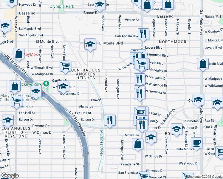 map of restaurants, bars, coffee shops, grocery stores, and more near 1123 West Hermosa Drive in San Antonio