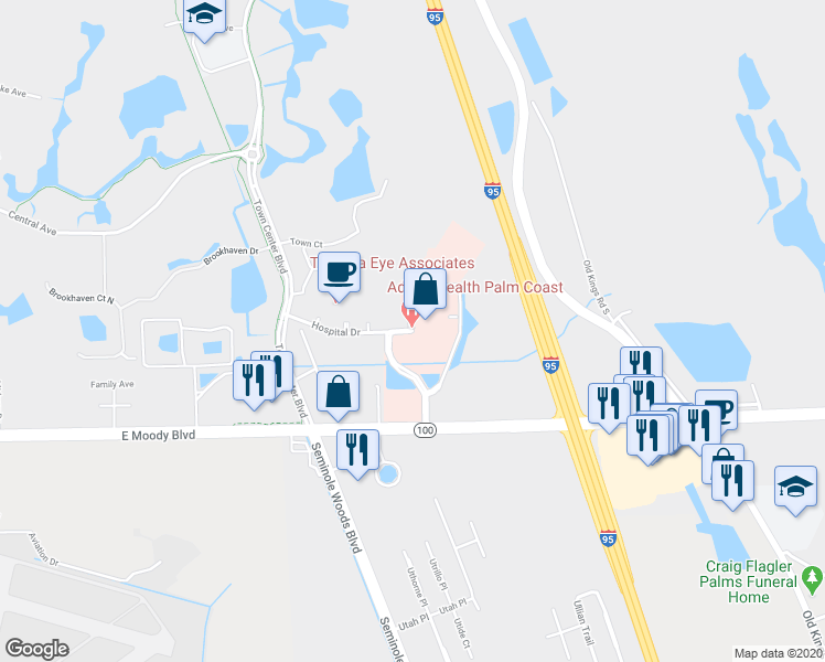 map of restaurants, bars, coffee shops, grocery stores, and more near 60 Memorial Medical Parkway in Palm Coast