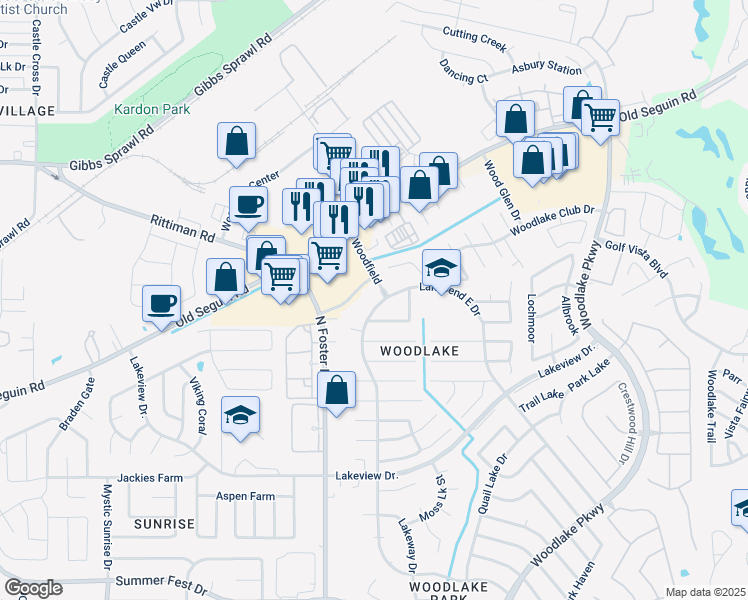 map of restaurants, bars, coffee shops, grocery stores, and more near 6670 Heritage Lake in San Antonio