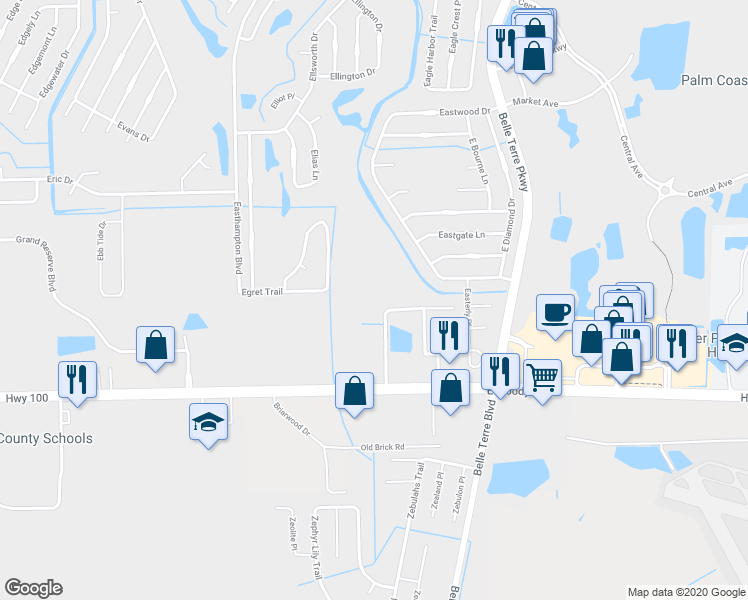 map of restaurants, bars, coffee shops, grocery stores, and more near 4600 East Moody Boulevard in Bunnell