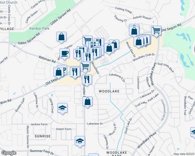 map of restaurants, bars, coffee shops, grocery stores, and more near 6670 Heritage Lake in San Antonio