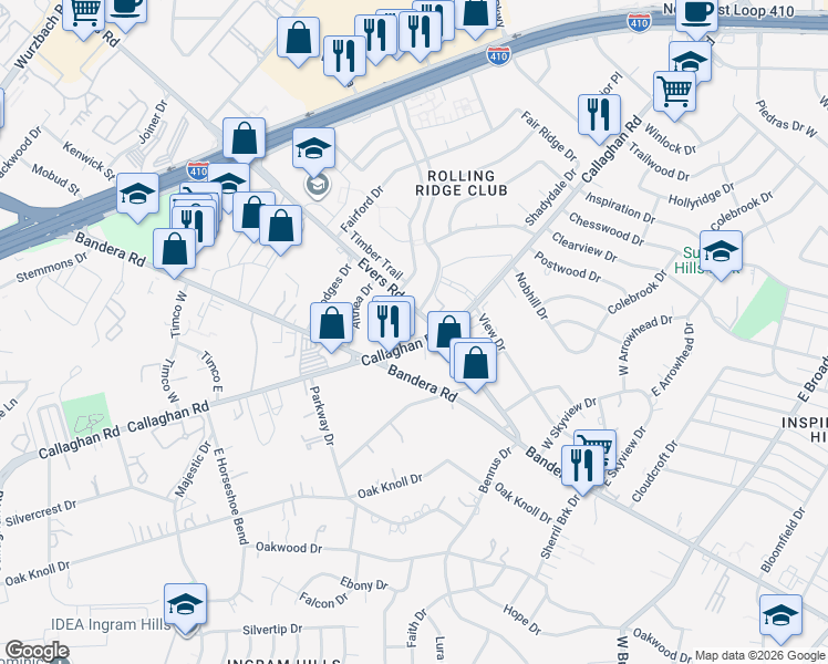 map of restaurants, bars, coffee shops, grocery stores, and more near in San Antonio