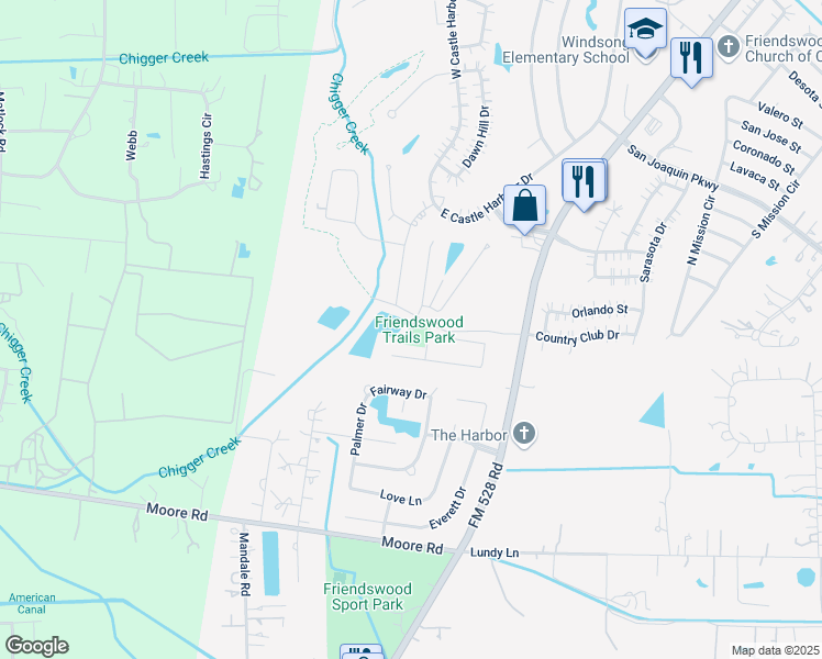map of restaurants, bars, coffee shops, grocery stores, and more near 2557 Austin Trail in Friendswood