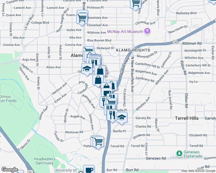map of restaurants, bars, coffee shops, grocery stores, and more near 101 Fenimore Avenue in San Antonio