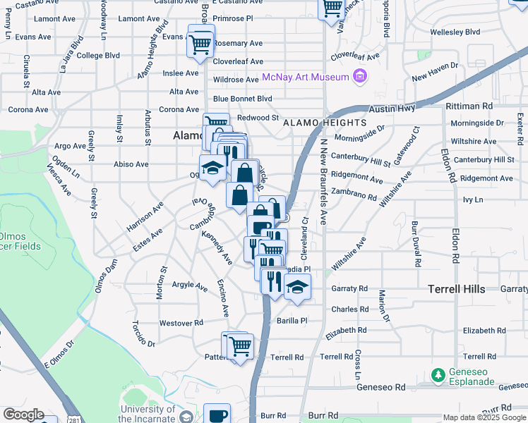 map of restaurants, bars, coffee shops, grocery stores, and more near 101 Fenimore Avenue in San Antonio