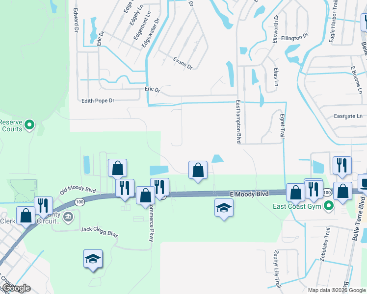 map of restaurants, bars, coffee shops, grocery stores, and more near 31 Ebb Tide Drive in Palm Coast