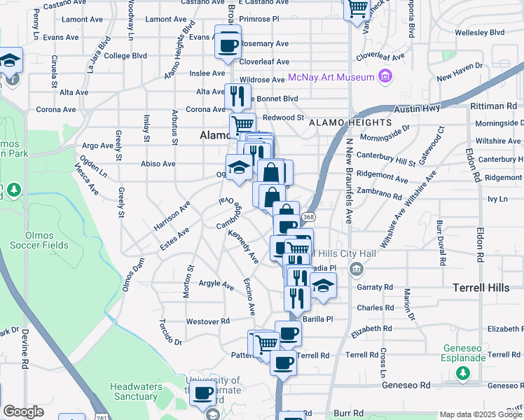 map of restaurants, bars, coffee shops, grocery stores, and more near 5701 Broadway in Alamo Heights