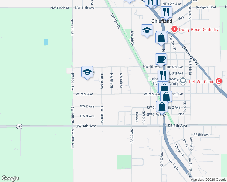 map of restaurants, bars, coffee shops, grocery stores, and more near 300-302 Northwest 8th Street in Chiefland