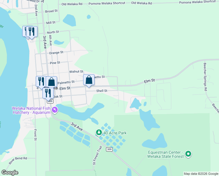 map of restaurants, bars, coffee shops, grocery stores, and more near 1011 Elm Street in Welaka