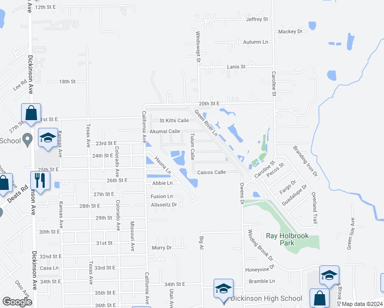 map of restaurants, bars, coffee shops, grocery stores, and more near 5100 Coba Calle in Dickinson