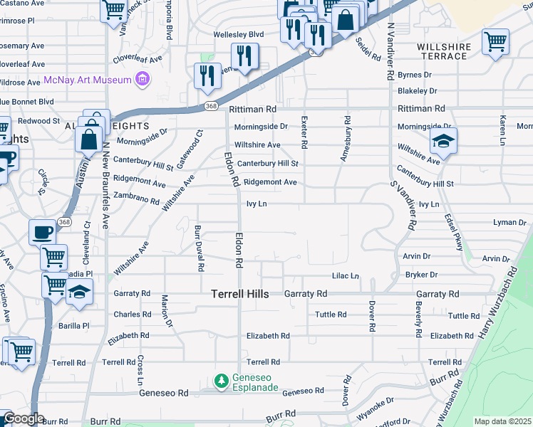 map of restaurants, bars, coffee shops, grocery stores, and more near 444 Ivy Lane in San Antonio