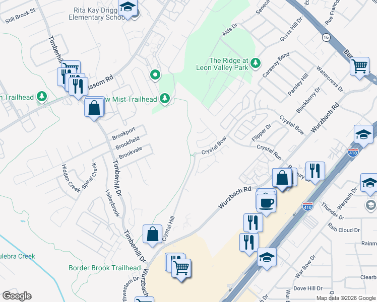 map of restaurants, bars, coffee shops, grocery stores, and more near 4707 Crystal Hill in San Antonio