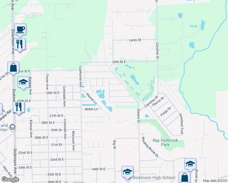 map of restaurants, bars, coffee shops, grocery stores, and more near 5124 Coba Calle in Dickinson