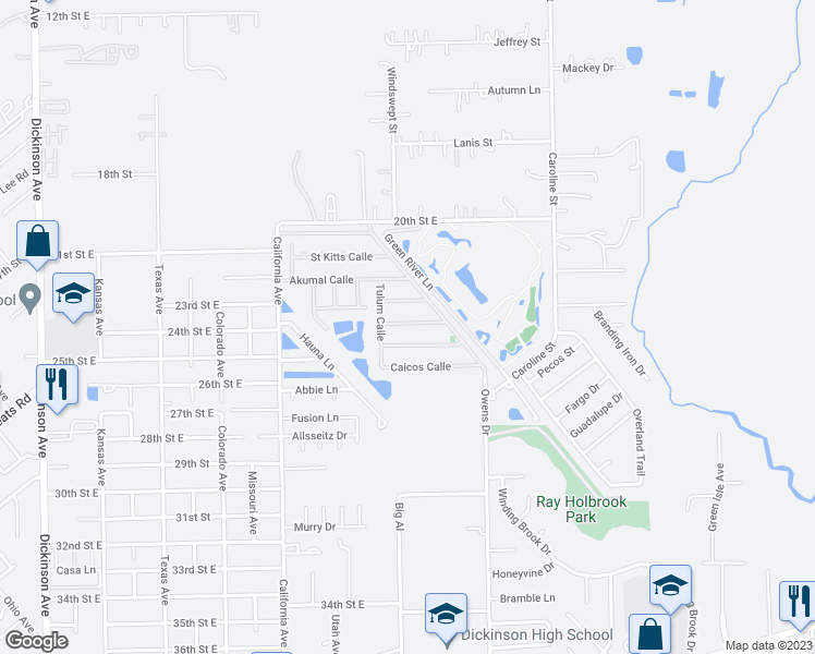 map of restaurants, bars, coffee shops, grocery stores, and more near 5140 Coba Calle in Dickinson