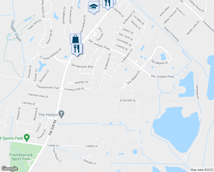map of restaurants, bars, coffee shops, grocery stores, and more near 2605 South Mission Circle in Friendswood