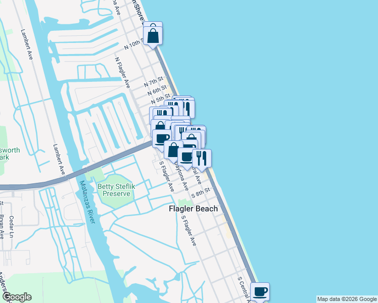map of restaurants, bars, coffee shops, grocery stores, and more near 301 South Central Avenue in Flagler Beach