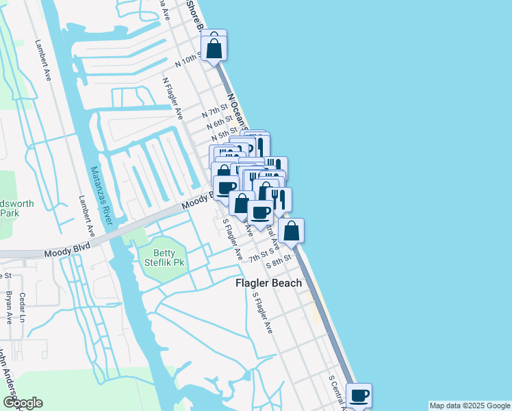 map of restaurants, bars, coffee shops, grocery stores, and more near 301 South Central Avenue in Flagler Beach