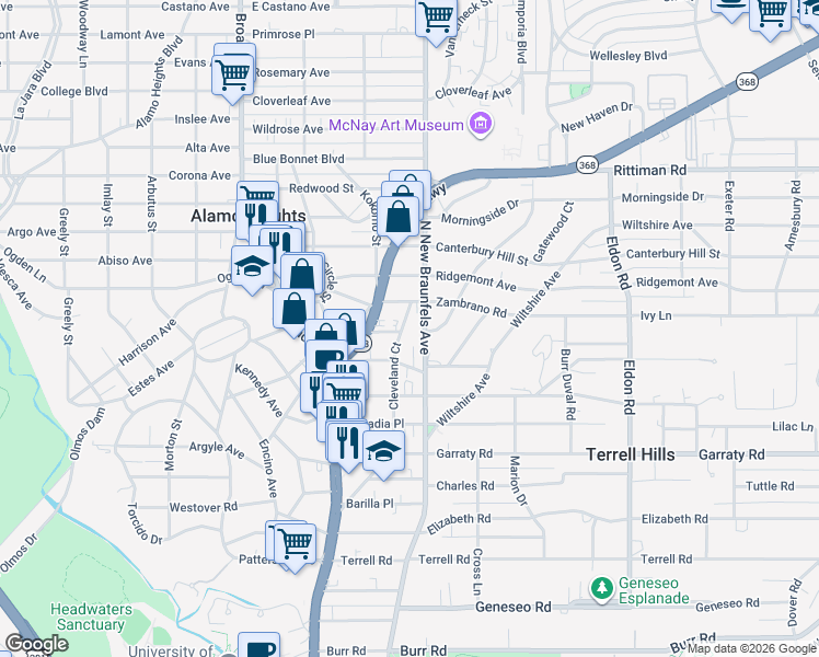 map of restaurants, bars, coffee shops, grocery stores, and more near 530 Cleveland Court in San Antonio