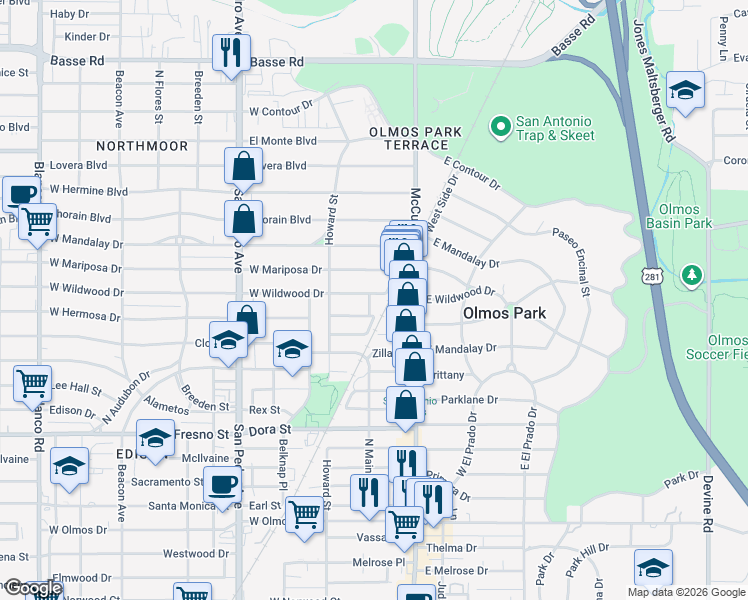 map of restaurants, bars, coffee shops, grocery stores, and more near 121 West Wildwood in San Antonio