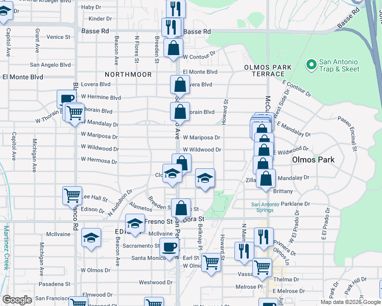 map of restaurants, bars, coffee shops, grocery stores, and more near 251 West Wildwood in San Antonio
