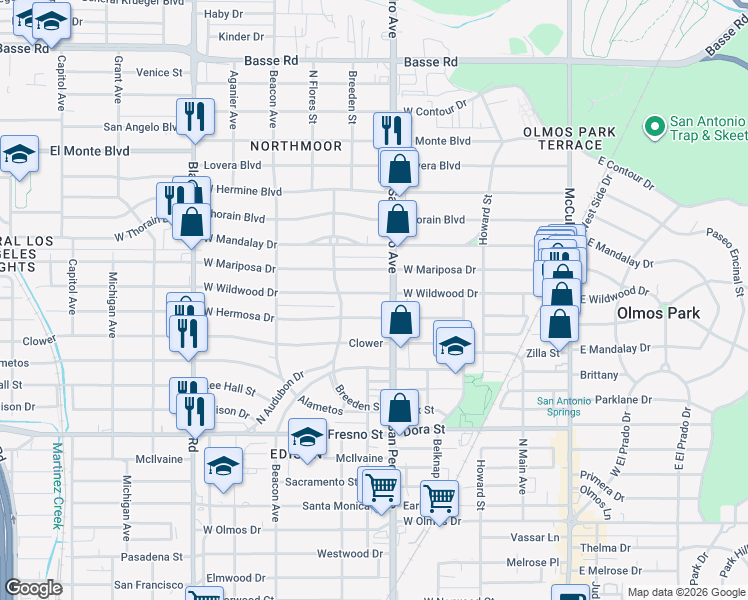map of restaurants, bars, coffee shops, grocery stores, and more near 323 West Wildwood in San Antonio