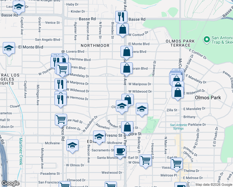 map of restaurants, bars, coffee shops, grocery stores, and more near 323 West Wildwood in San Antonio