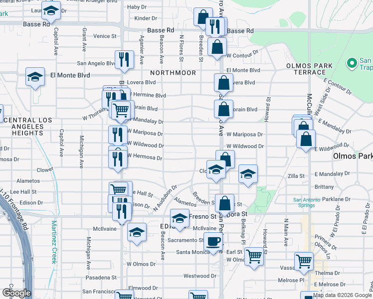 map of restaurants, bars, coffee shops, grocery stores, and more near 407 West Wildwood in San Antonio