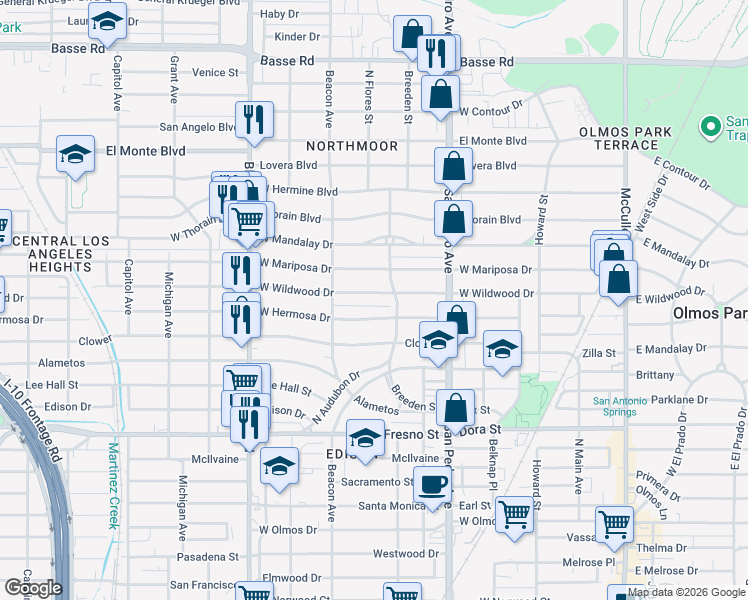 map of restaurants, bars, coffee shops, grocery stores, and more near 407 West Wildwood in San Antonio