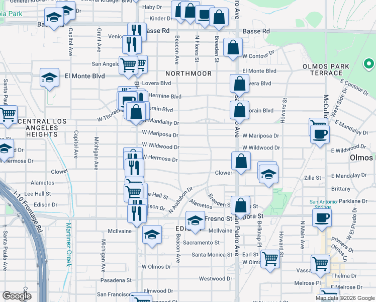 map of restaurants, bars, coffee shops, grocery stores, and more near 439 West Wildwood in San Antonio