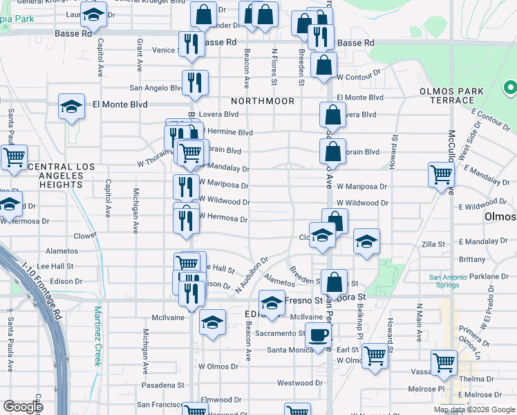 map of restaurants, bars, coffee shops, grocery stores, and more near 439 West Wildwood in San Antonio